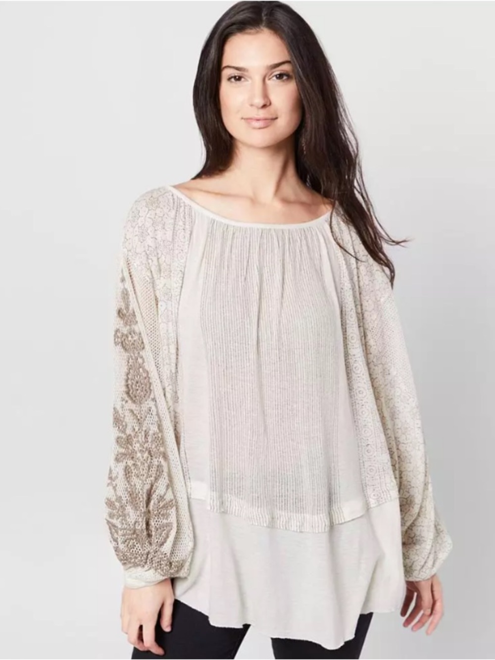Free People Boho Peasant Top Tunic Lace Sleeve Cream S Preppy Coastal Blouse